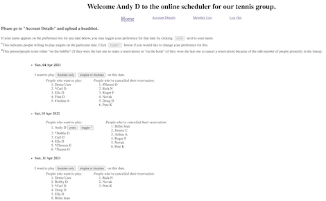 Schedule for a particular tennis group